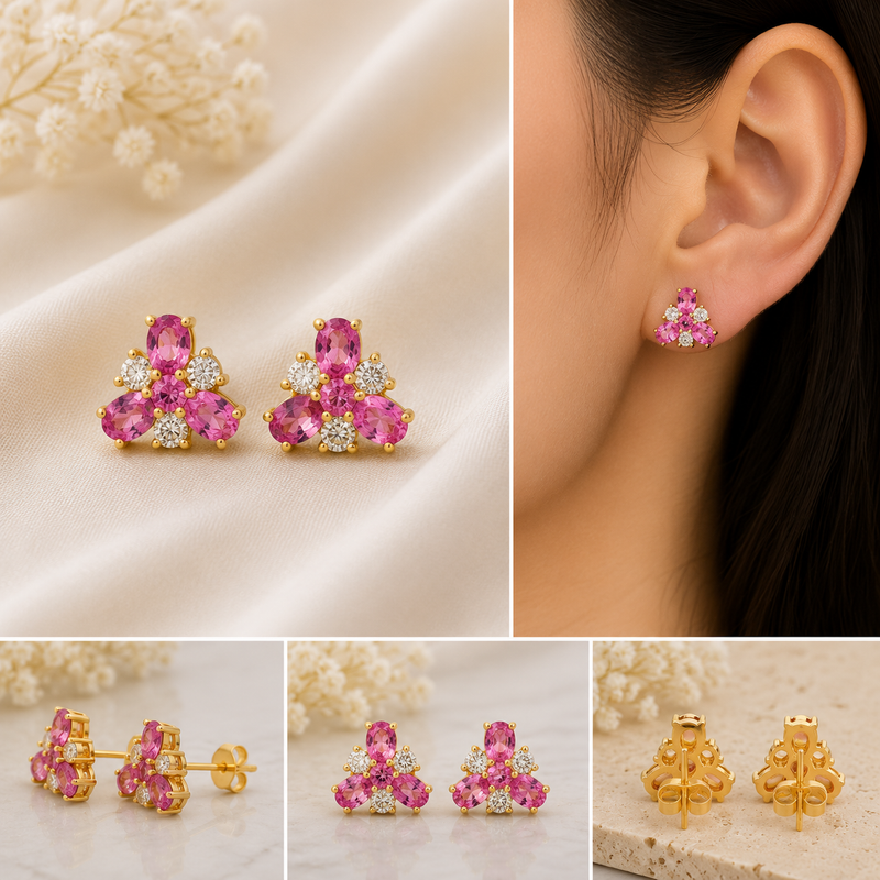 Pink Sapphire Bloom Earrings – 14K Yellow Gold