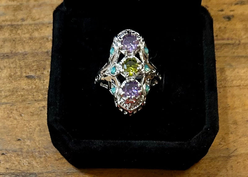 Sterling Silver Art Deco style ring with gem stones size 7