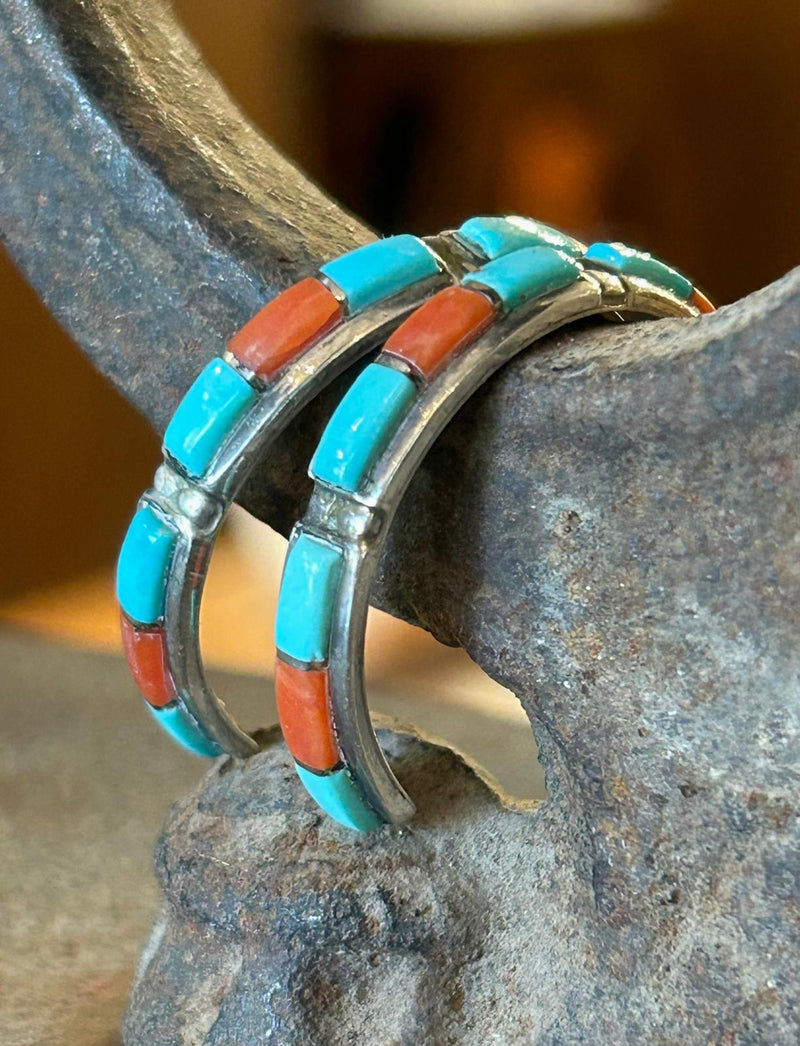 Vintage Sterling Silver Silver Hoop w/ Turquoise & Coral 1"