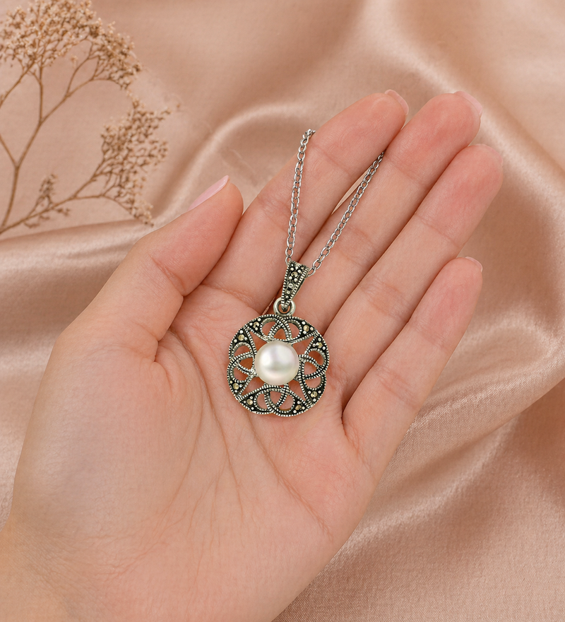 Sterling Silver Pendant with Marcasite & Freshwater Pearl