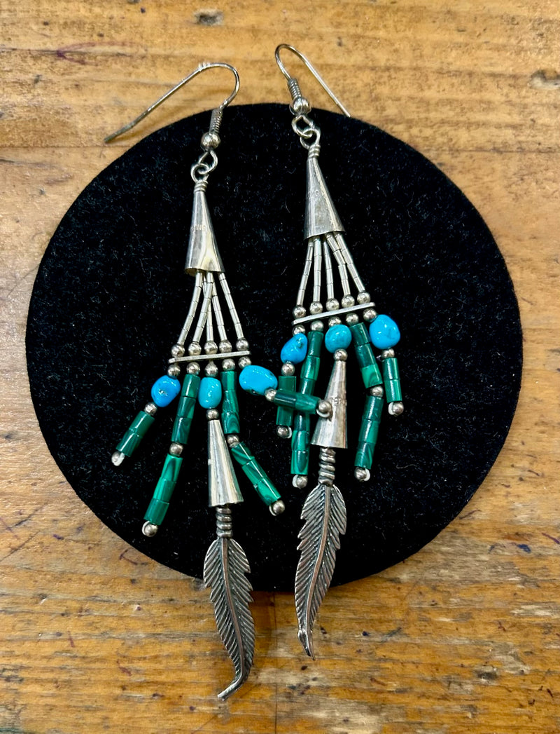 Vintage Sterling Silver Turquoise / Malachite Earring 3" Long