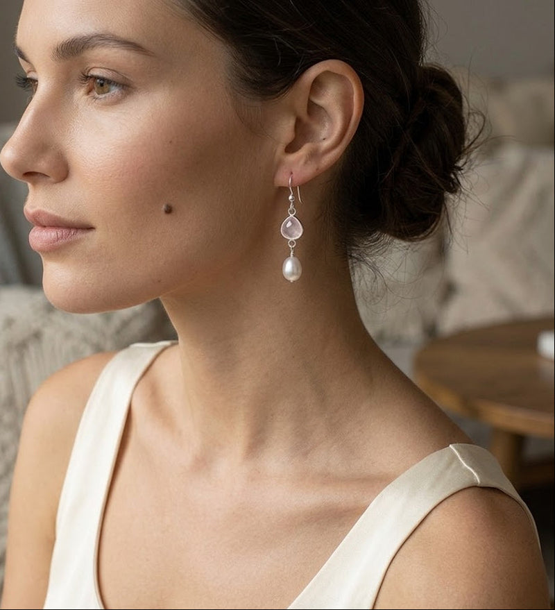 Sterling Silver Hook Earrings with Freshwater Pearls & Rose Quartz