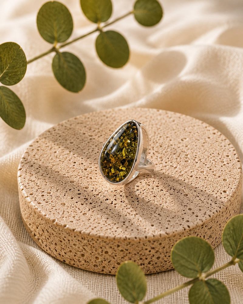 Sterling Silver Green Amber Ring
