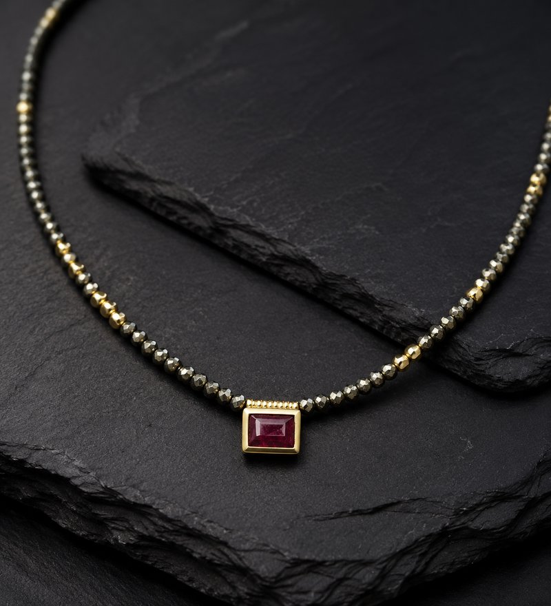 Sterling Silver Ruby & Pyrite Beaded Necklace