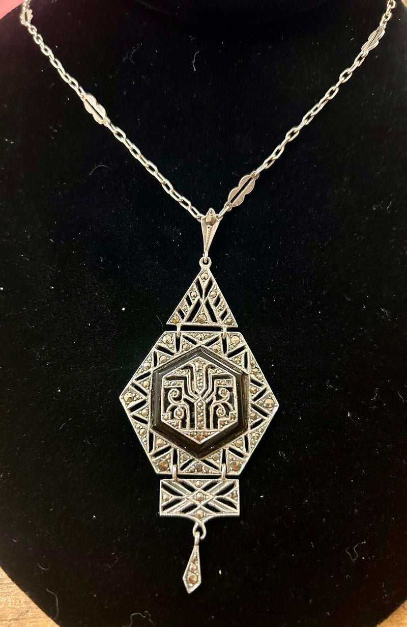 SS Deco Onyx and marcasite necklace