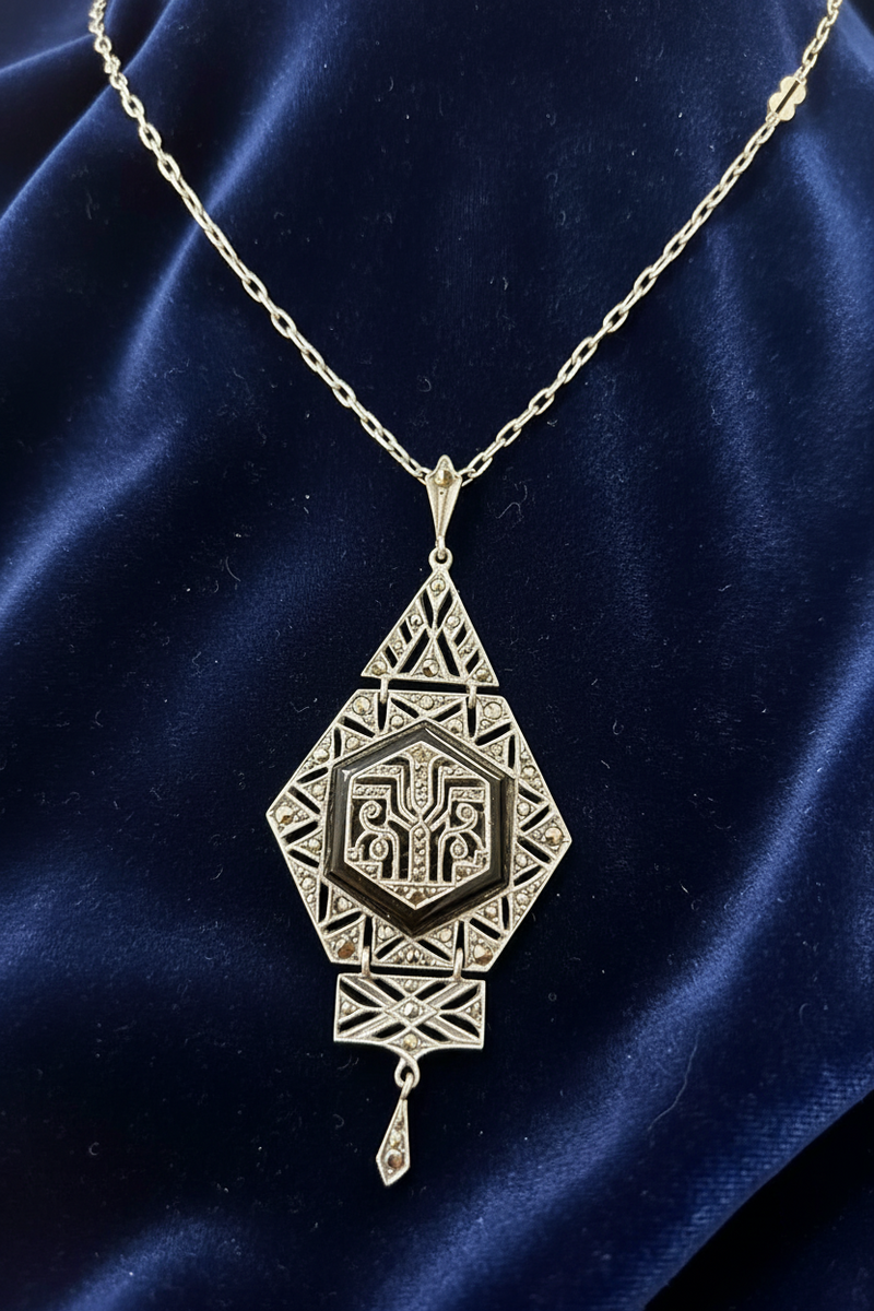 SS Deco Onyx and marcasite necklace
