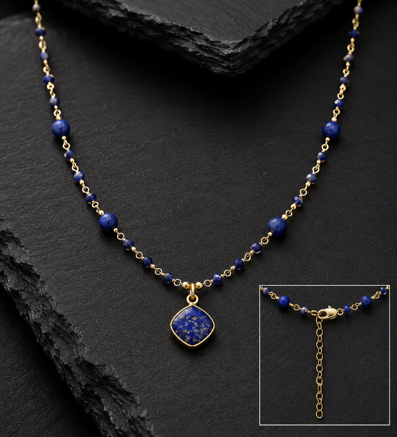 Sterling Silver Blue Sapphire & Lapis Lazuli Beaded Necklace