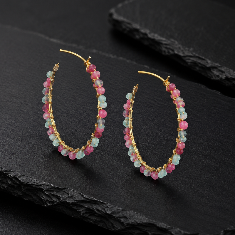 18K Gold Plated Pink Tourmaline & Sky Blue Jade Hoop Earrings