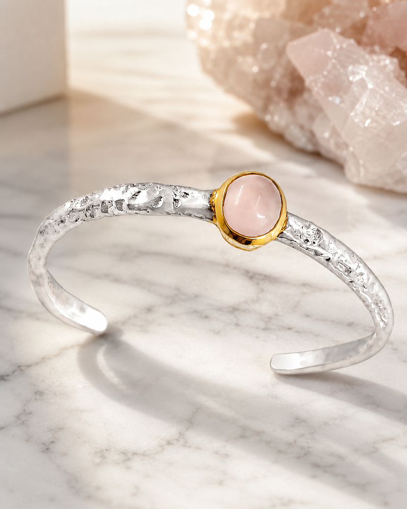 Sterling Silver Rose Quartz Cuff Bracelet, 3 Micron 22K Gold Plated