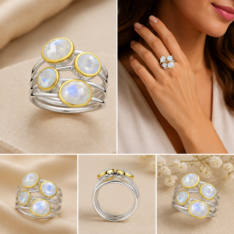 Sterling Silver Rainbow Moonstone Multi-Stone Ring, 18K Yellow Gold Plated