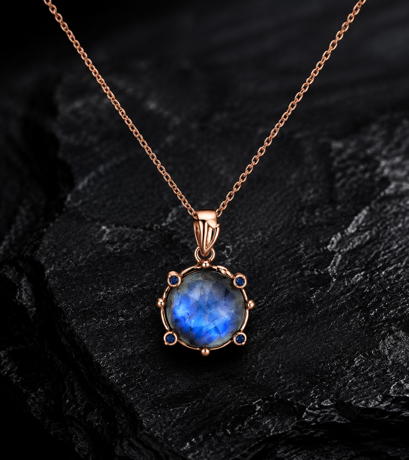 22K Pink Gold Plated Spectrolite & Blue Sapphire Sterling Silver Necklace