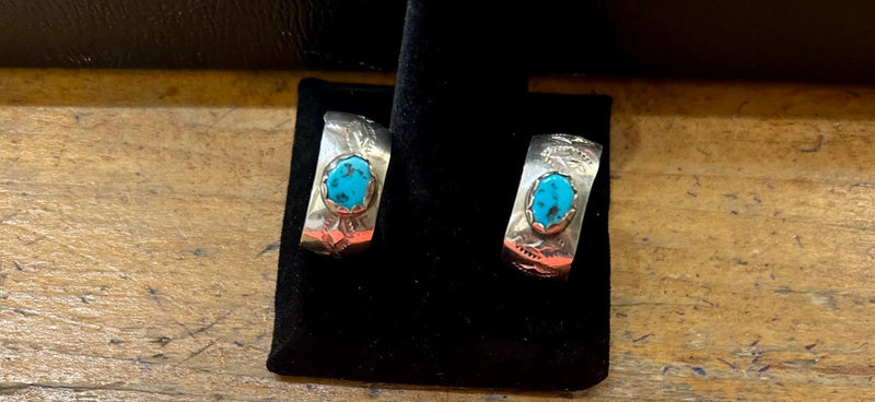 Vintage Sterling Silver Hoops w/ Turquoise 3/4" L x 3/8" W