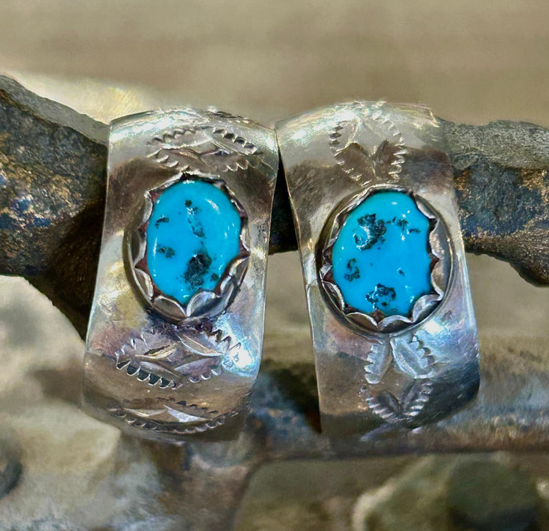 Vintage Sterling Silver Hoops w/ Turquoise 3/4" L x 3/8" W