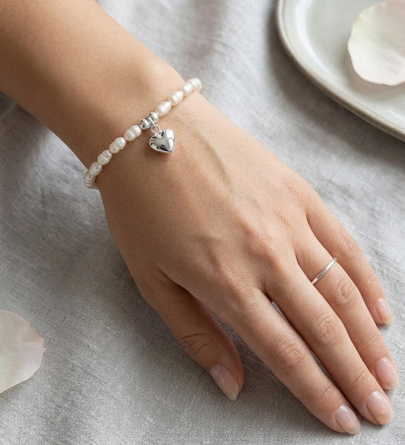 Sterling Silver Heart Elastic Bracelet, Beaded with Freshwater Pearls