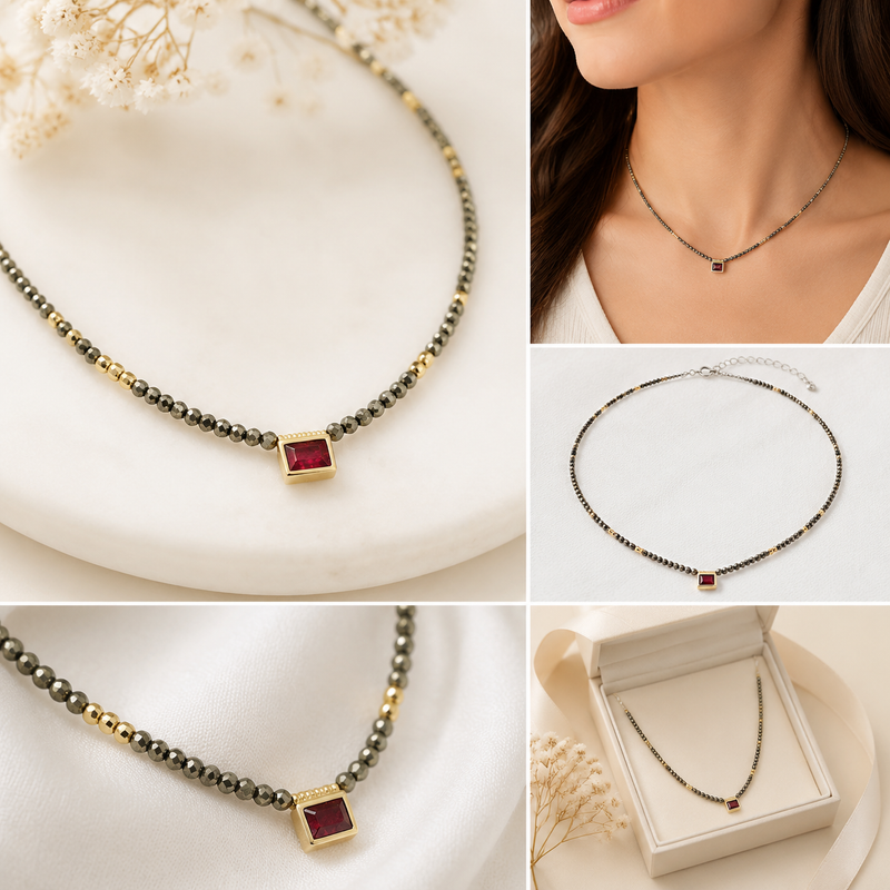 Sterling Silver Ruby & Pyrite Beaded Necklace