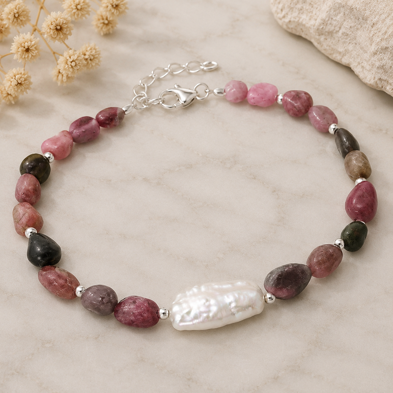 Sterling Silver Freshwater Pearl & Blue Gemstone Bracelet