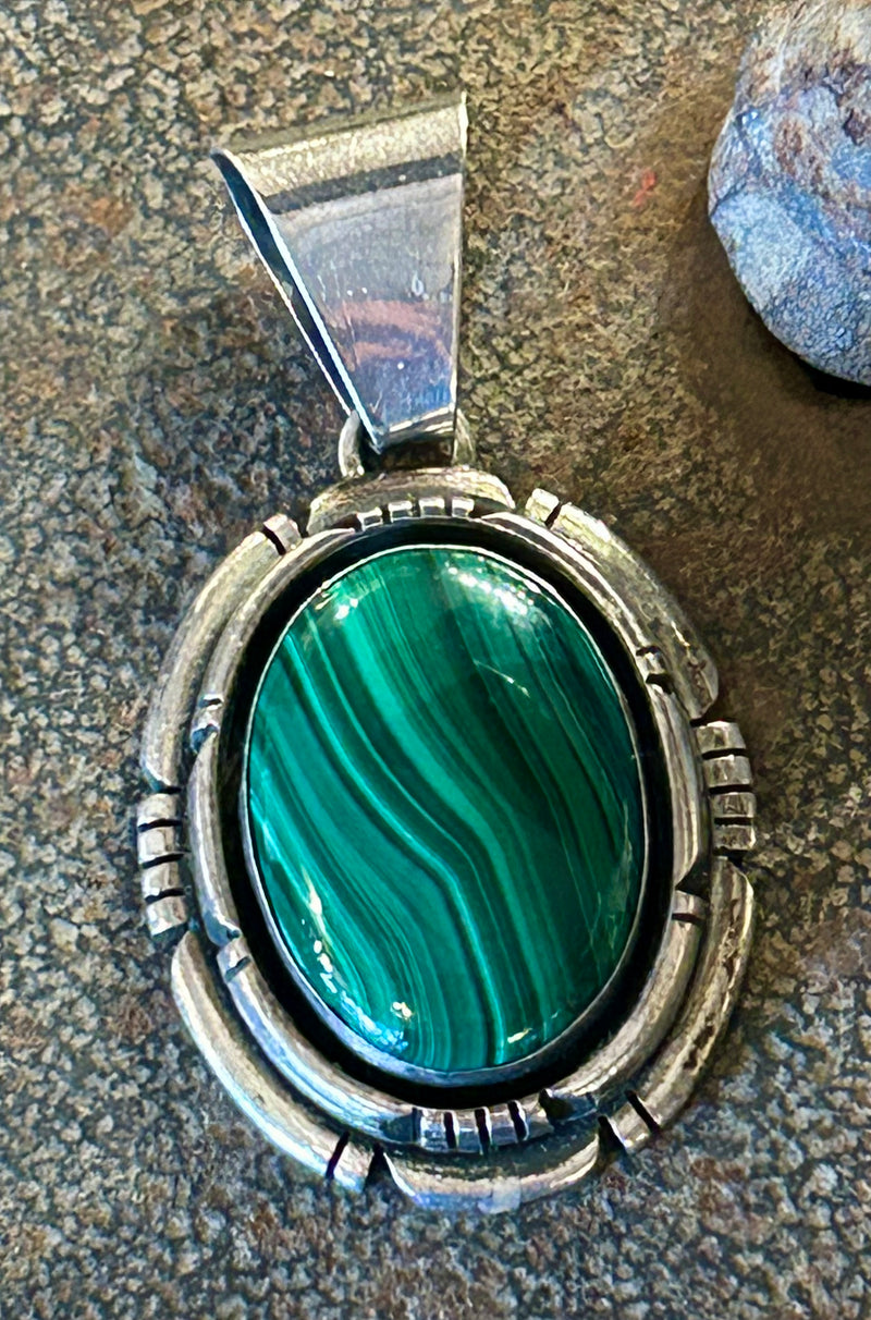 Vintage Sterling Silver Navajo Signed Malachite Pendant