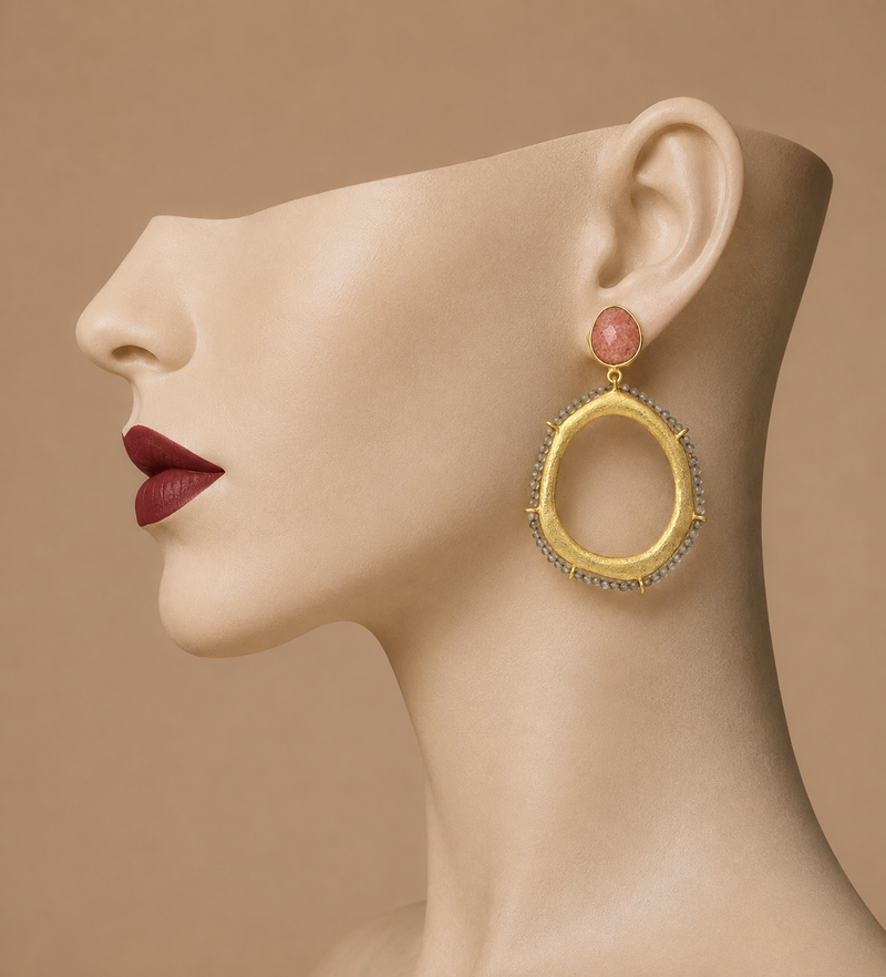 18K Gold Plated Labradorite & Strawberry Quartz Drop Earrings