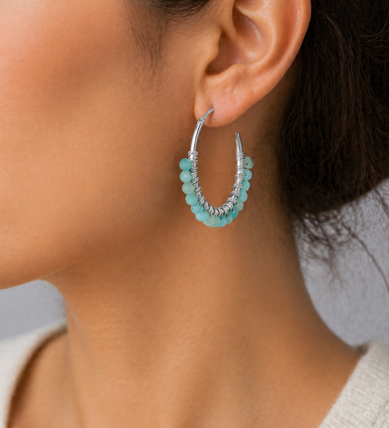 Sterling Silver Hoop Earrings with Various Gemstone Beads 8 color available