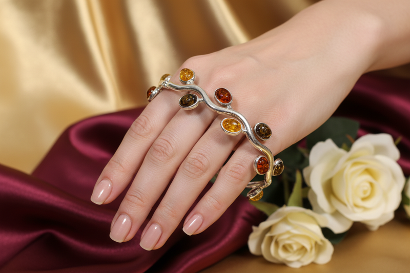 SS Amber Bangle - Elegant Silver with Multicolored Amber Stones