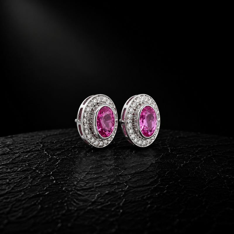 Pink Sapphire Halo Earrings – 14K White Gold
