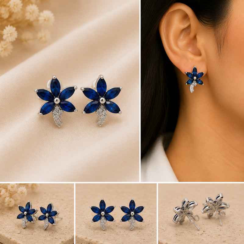 Sapphire Floral Bloom Earrings – 14K White Gold