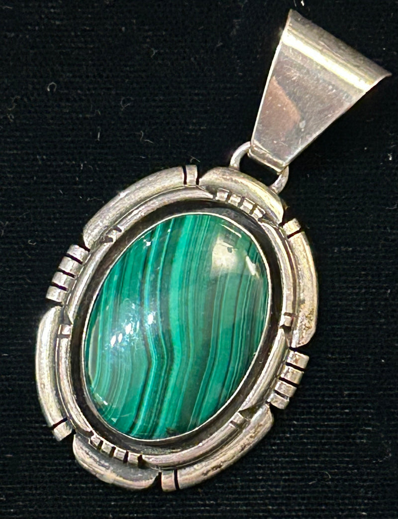 Vintage Sterling Silver Navajo Signed Malachite Pendant