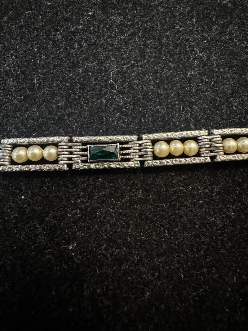 Art Deco Sterling Silver Bracelet with Faux Pearls & Green Paste Stone