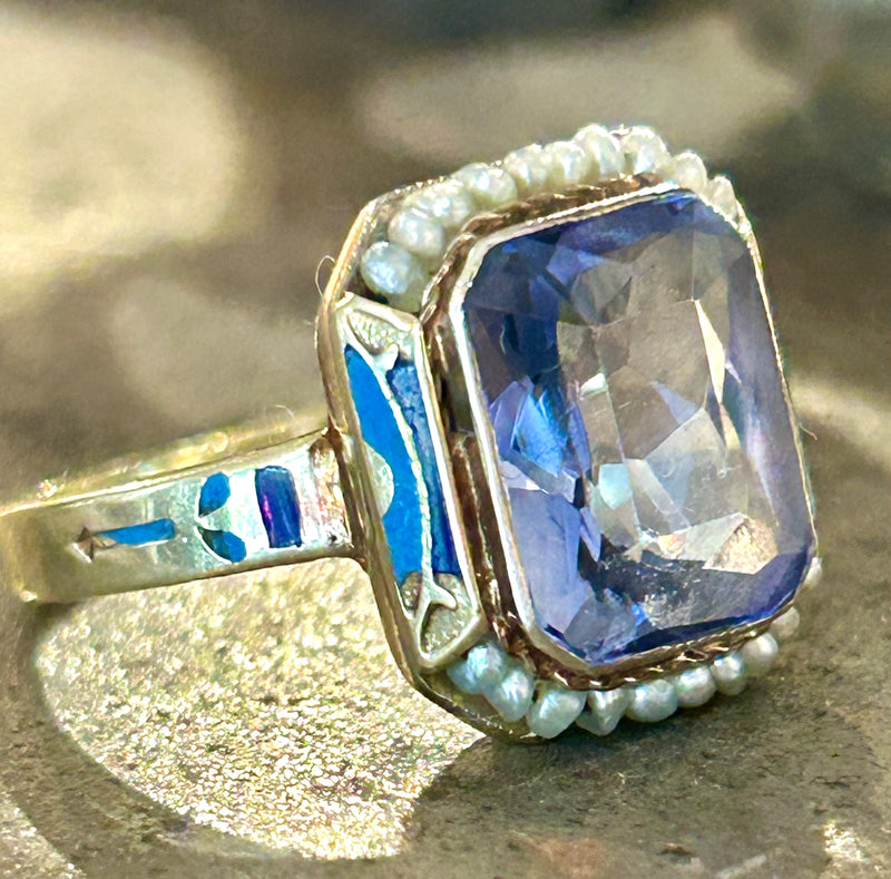 Art Deco 14K Synthetic sapphire with enamel and seed pearls, size 6 1/2
