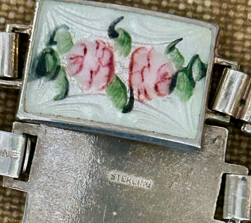Art Deco Sterling Silver Enamel Floral Link Bracelet 6.5"