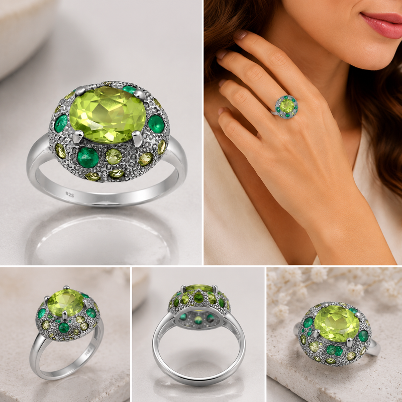 Emerald & Peridot Statement Ring, Ruthenium & Rhodium Plated