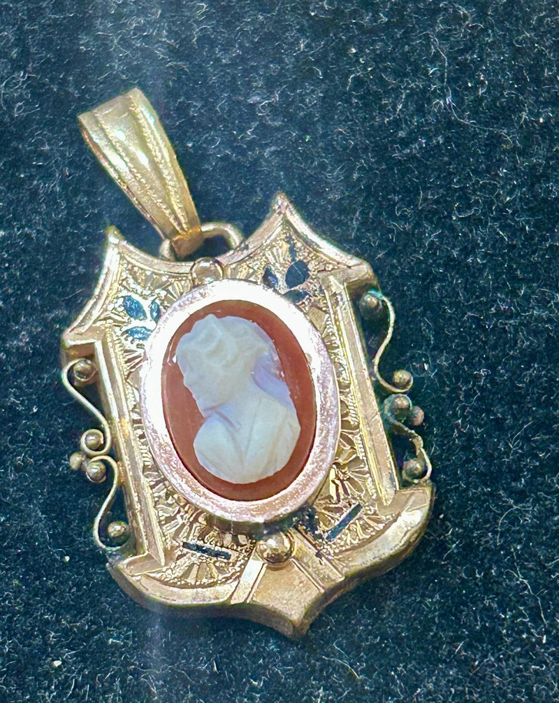 Victorian Gold Filled Shell Cameo Enamel Pendant 1" x 1.5"