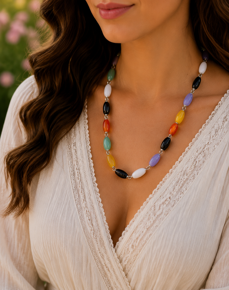 SS Multi Beaded Jade Necklace – Colorful and Elegant Silver Jewelry
