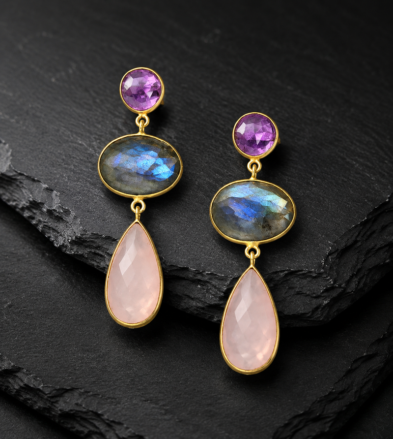 18K Gold-Plated Sterling Silver Amethyst, Labradorite & Rose Quartz Drop Earrings