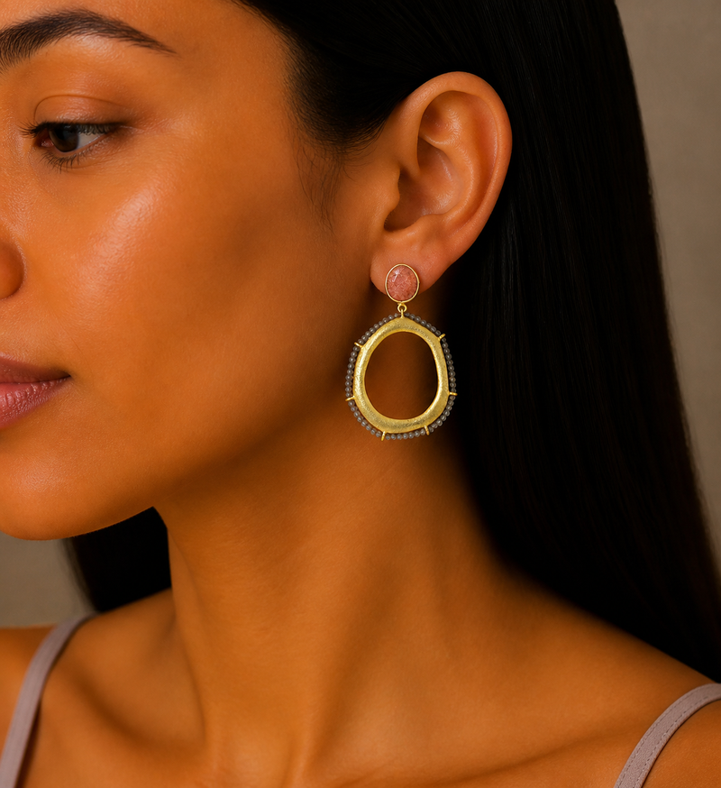Sterling Silver Push-Back Earrings, Decorated with Labradorite and Strawberry Quartz, Plated with 0.3 Micron 18K Yellow Gold