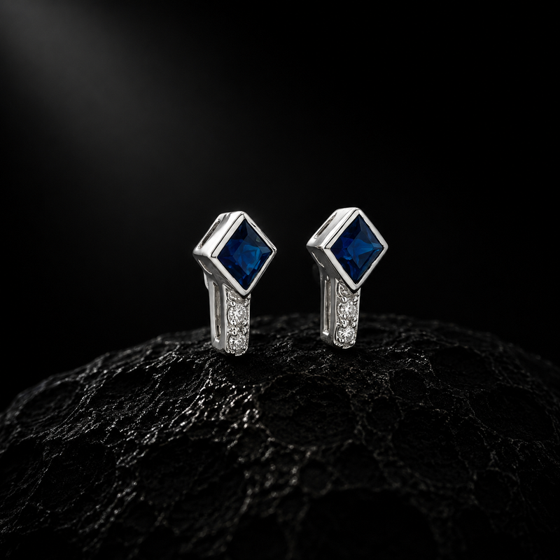 Sapphire Cube Earrings – 14K White Gold