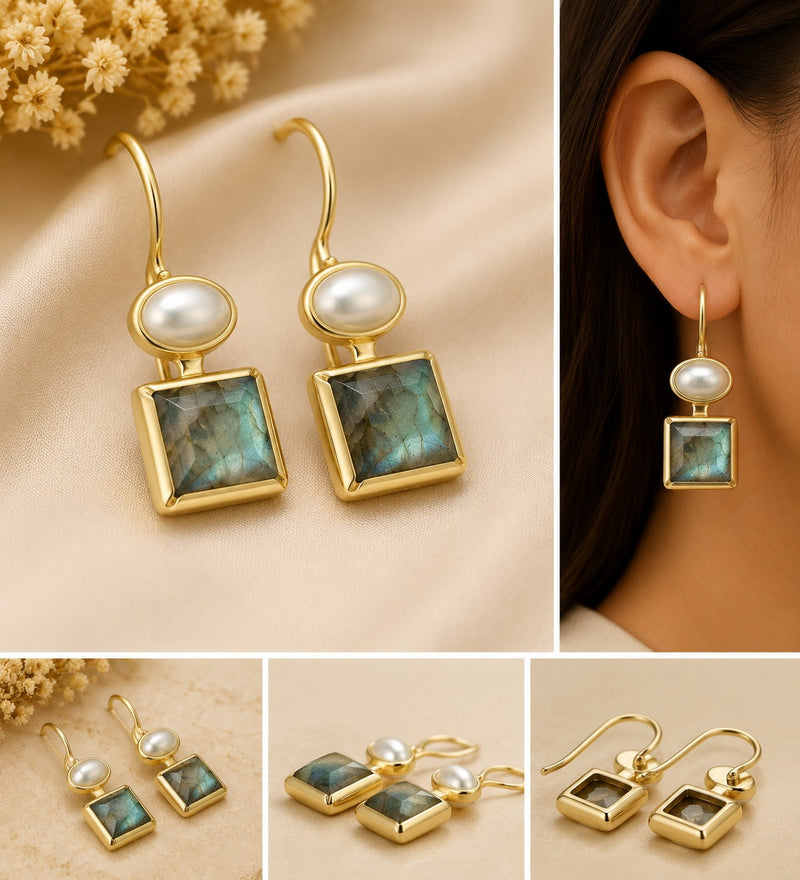 Labradorite Pearl Hook Earrings – 18K Gold Plated Sterling Silver
