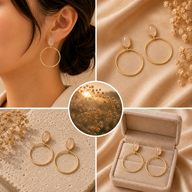 18K Gold Plated Rose Quartz Hoop Drop Earrings