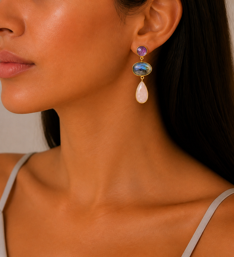 Sterling Silver Push-Back Earrings, Decorated with Amethyst, Labradorite, and Rose Quartz, Plated with 0.3 Micron 18K Yellow Gold