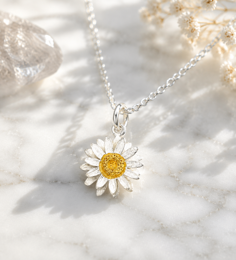 Sterling Silver Daisy Flower Pendant Necklace with Gold-Plated Center 1/2” x 1/2”