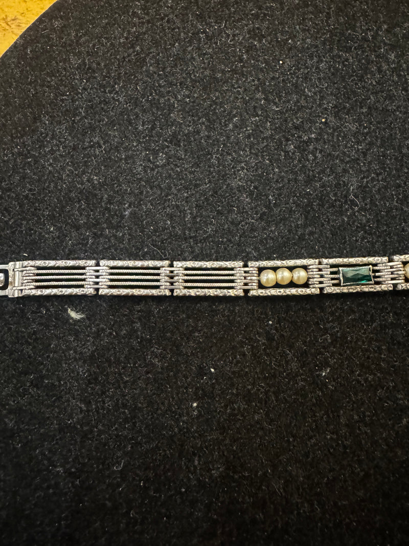 Art Deco Sterling Silver Bracelet with Faux Pearls & Green Paste Stone