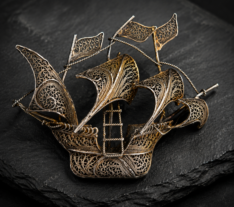 Vintage Brass & 800 Silver Filigree Galleon Brooch – Sailing Ship Pin – Intricate Maritime Statement Jewelry