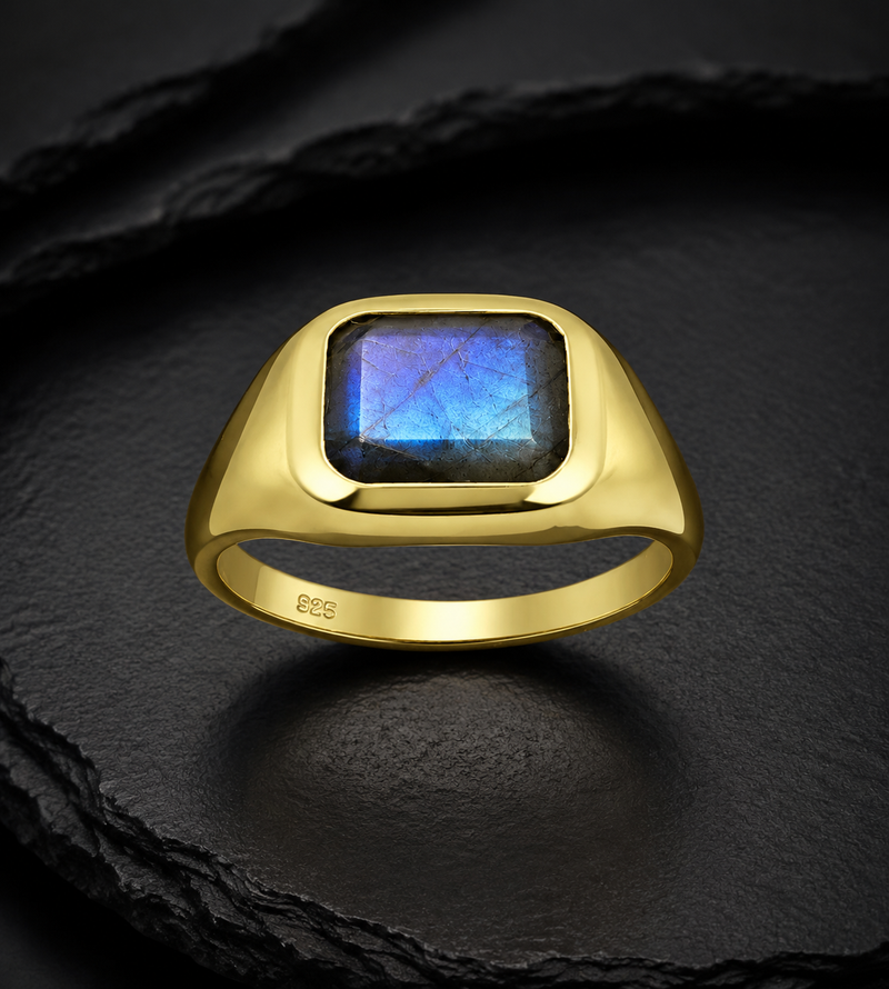 Sterling Silver Labradorite Solitaire Chain Link Ring, 18K Yellow Gold Plated