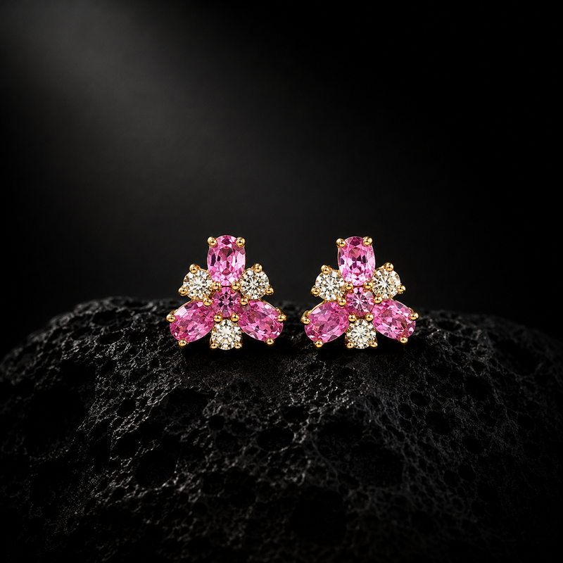 Pink Sapphire Bloom Earrings – 14K Yellow Gold