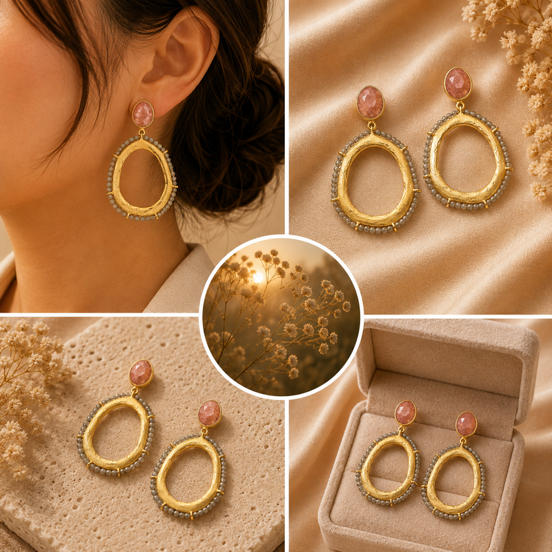 18K Gold Plated Labradorite & Strawberry Quartz Drop Earrings
