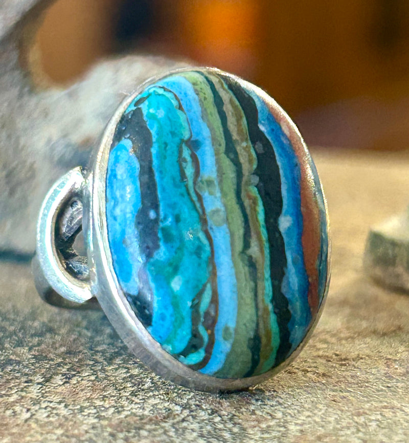 Vintage Sterling Silver Rainbow Calsilica Ring size 7