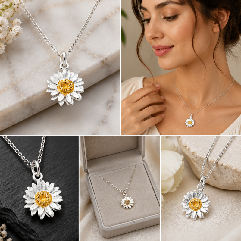 Sterling Silver Daisy Flower Pendant Necklace with Gold-Plated Center 1/2” x 1/2”