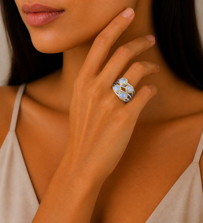 Sterling Silver Ring, Decorated with Rainbow Moonstone, Plated with 0.3 Micron 18K Yellow Gold