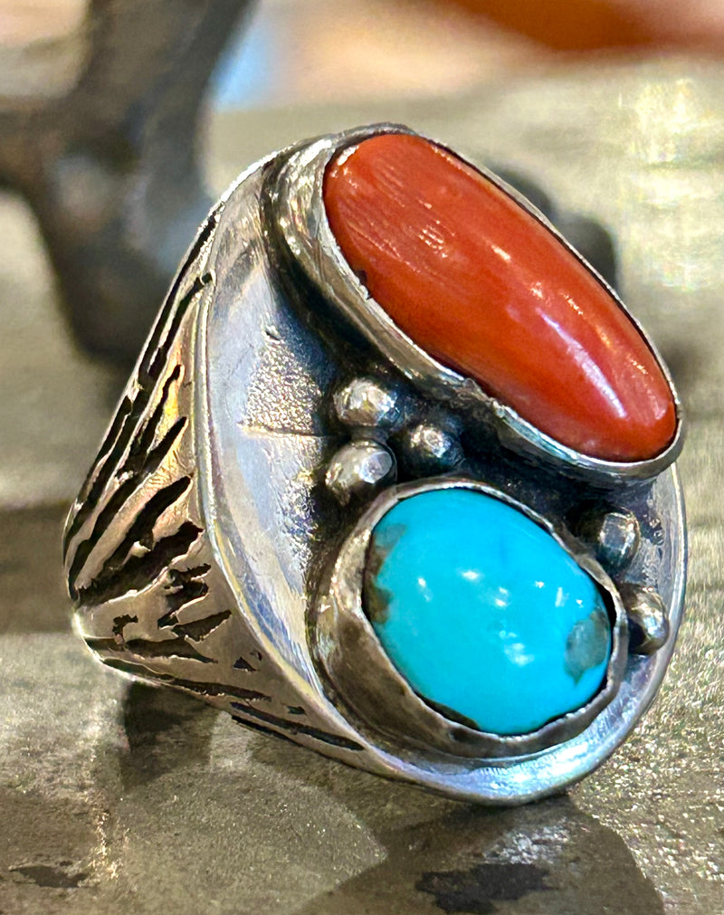 Sterling silver Navajo Turquoise and coral ring, size 9 1/2