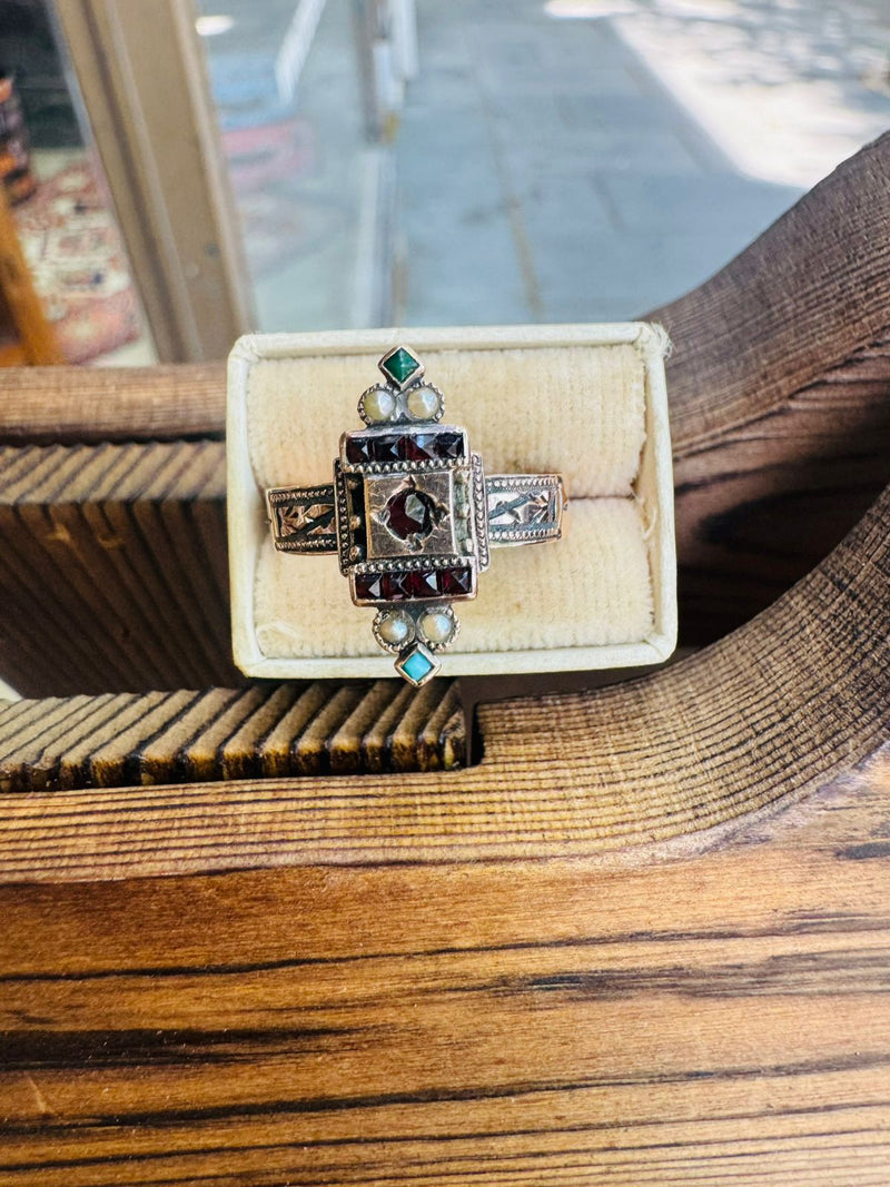 14K VCT Garnet, Turq and PRL Ring